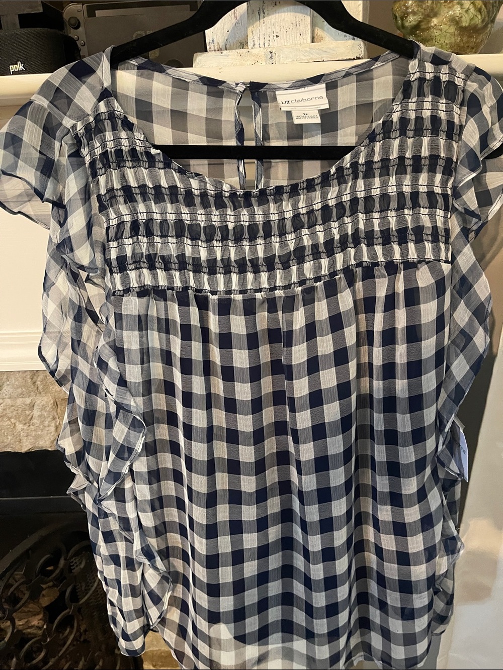 Liz Claiborne Navy and White Gingham Smocked Ruffle Sleeve Top- XL - NWT